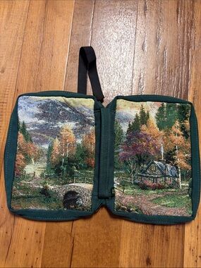 Thomas Kinkade Green Scenic Tapestry Bible  Cover - Autumn Landscape EUC